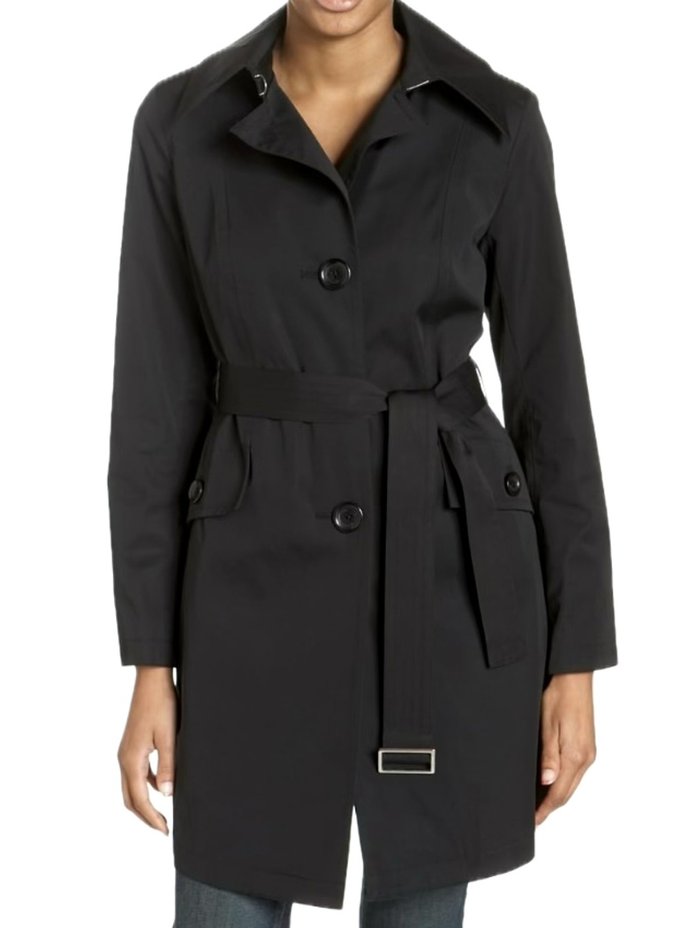 Michael Kors Black Trench Coat Womens Size Large Long Belted Button Front Jacket